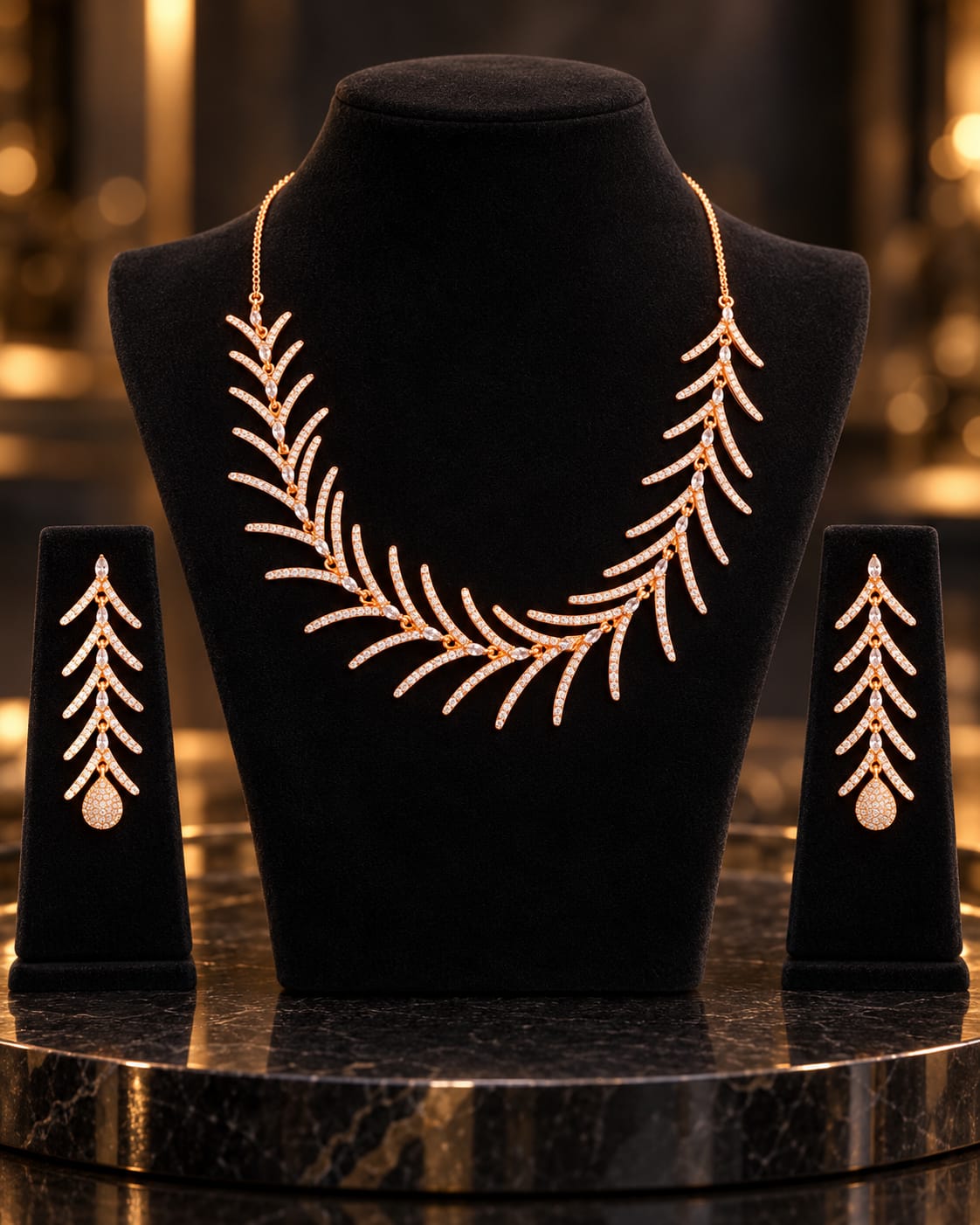 Rose Gold-Tone AD Leaf Necklace Set with Earrings | ANNIAURA