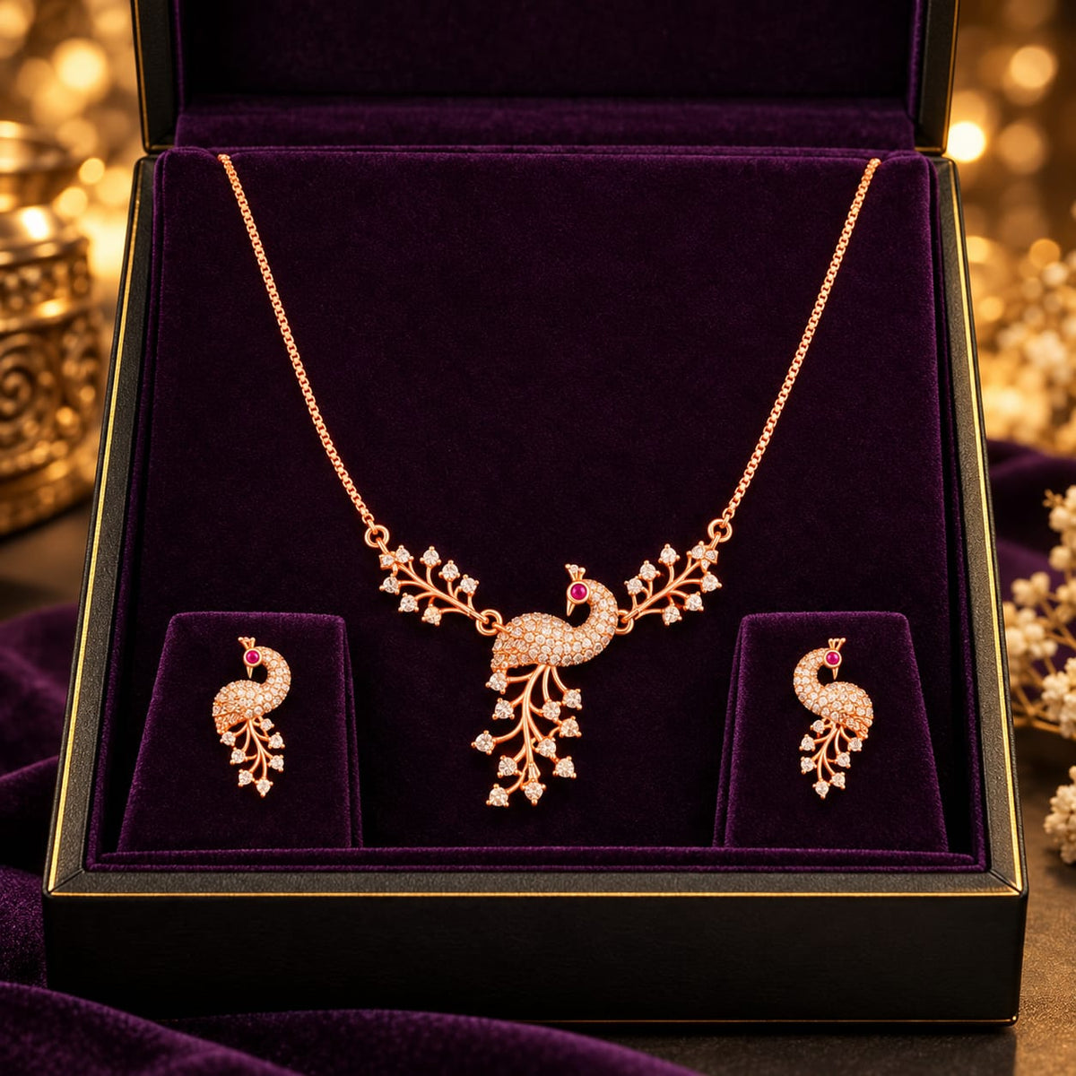 Rose Gold-Tone Peacock Statement Necklace & Earrings Set