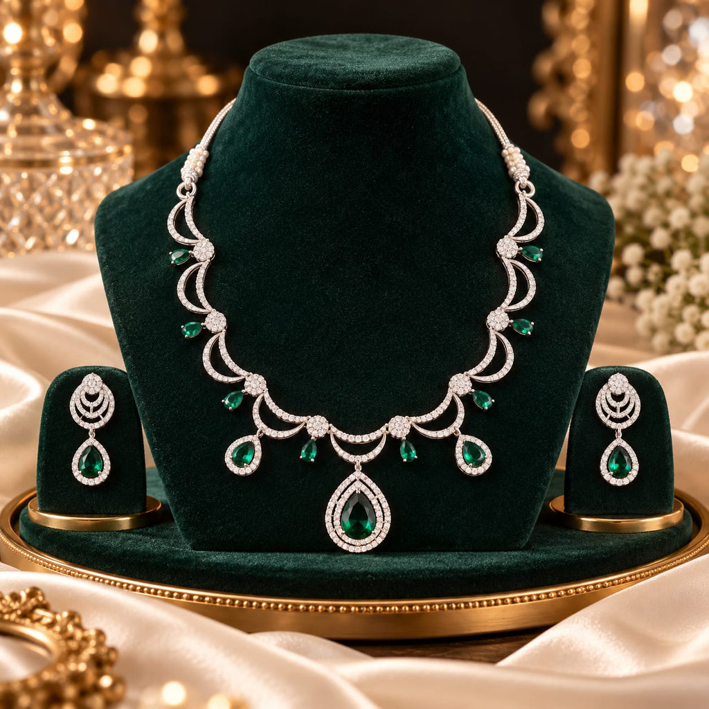 Emerald Green Necklace & Earrings Set Silver-Tone | ANNIAURA