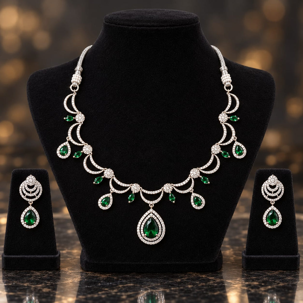 Emerald Green Necklace & Earrings Set Silver-Tone | ANNIAURA