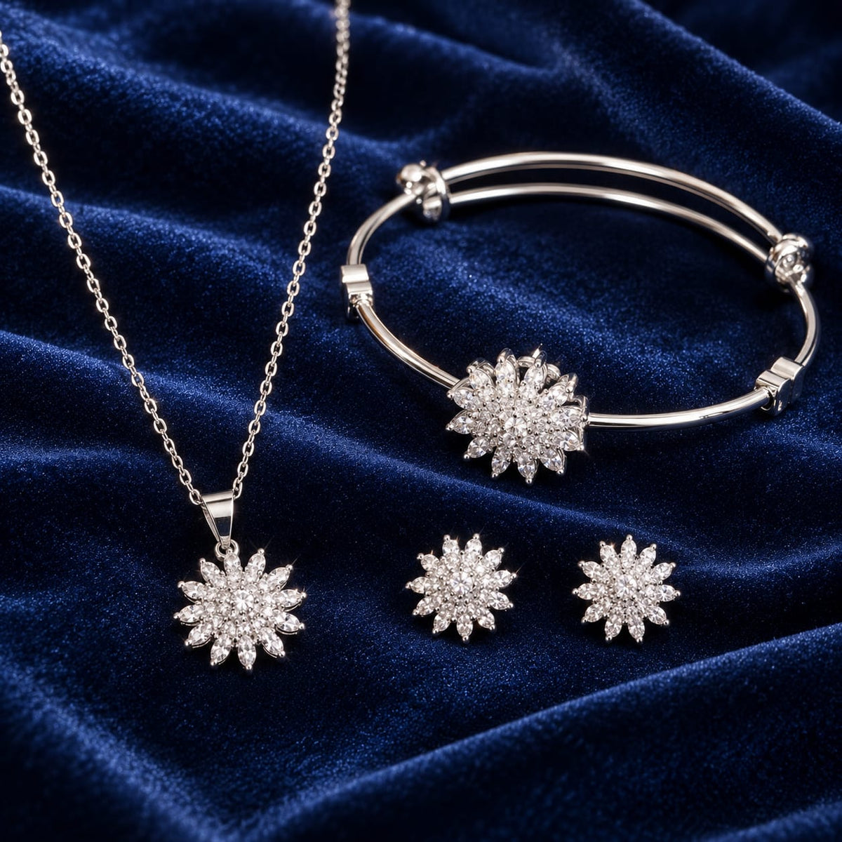 ANNIAURA silver-tone AD floral pendant earrings and bracelet jewellery set
