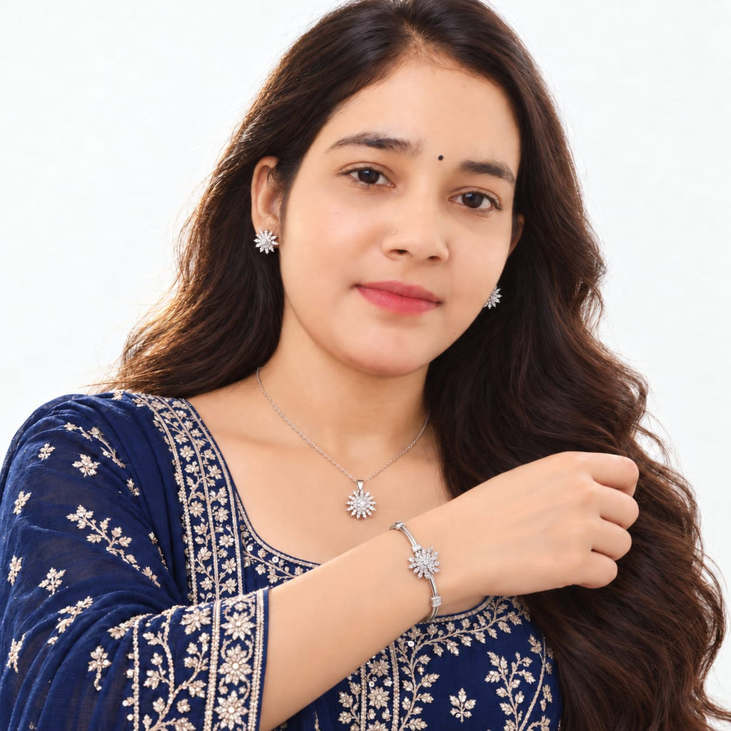 Woman wearing ANNIAURA silver-tone AD floral pendant jewellery set
