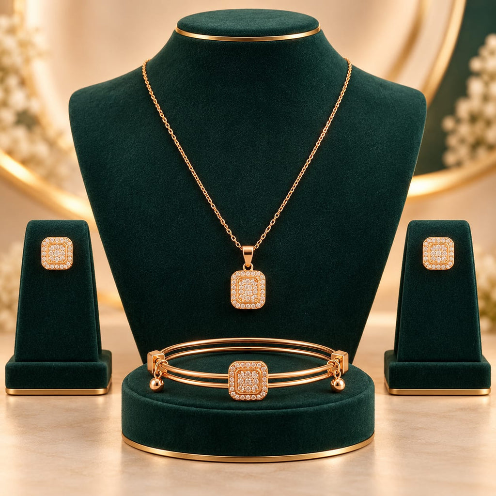 ANNIAURA gold-tone AD square pendant earrings and bracelet jewellery set